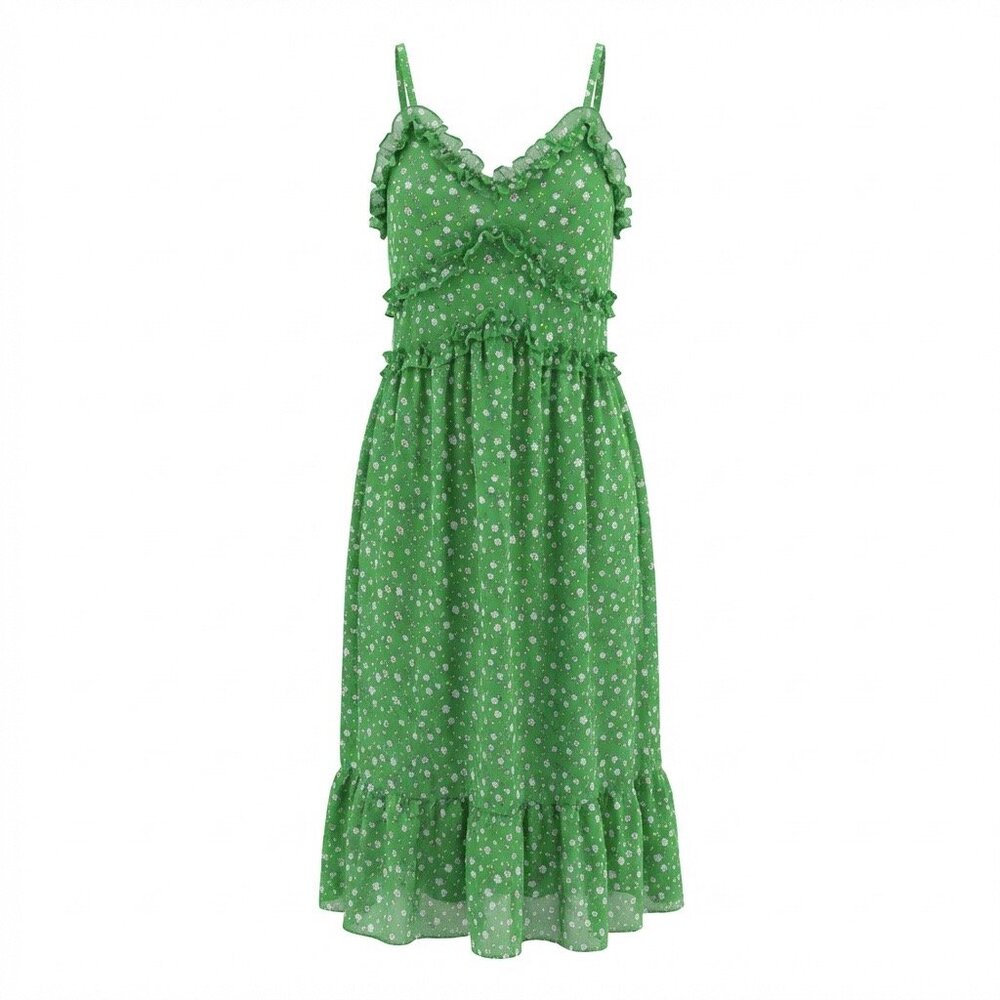 NOBO Ruffled Sun-Dress Juniors M/S/XS Green Floral CottageCore Country‎ NWT